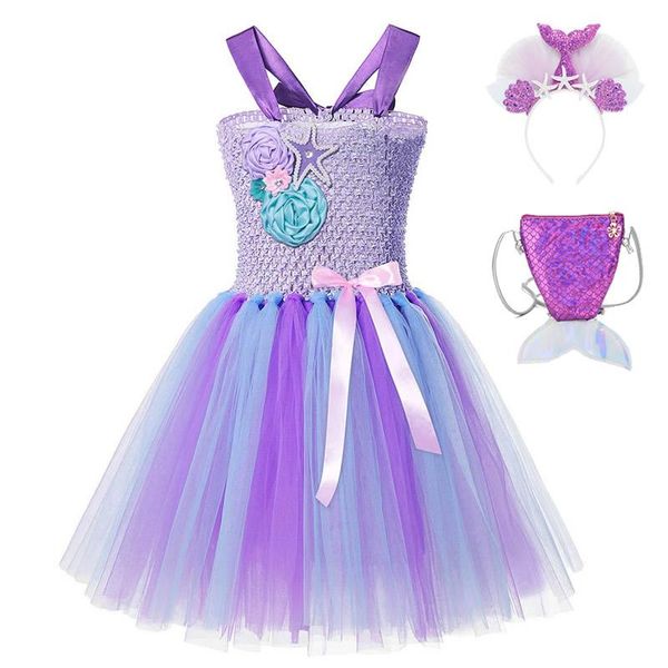 

little mermaid ariel princess dress for girl summer kids tutu ball gown children 2t - 12t wedding flower girl purple sling frock, Red;yellow