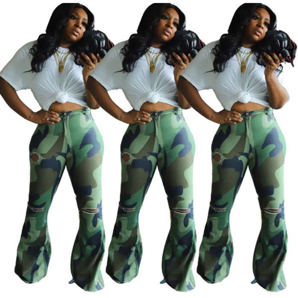 

new winter women's personalized trend casual camouflage perforated pants flared loose hem, Black;gray