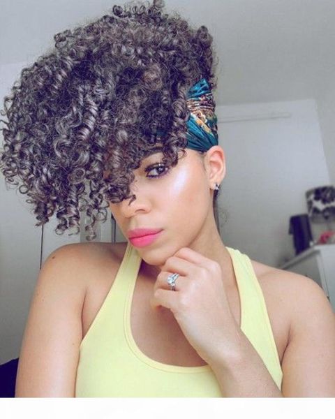 

long puff bun ponytail hairpiece kinky curly 120g human hair women hair replacement grade hair extension, Black