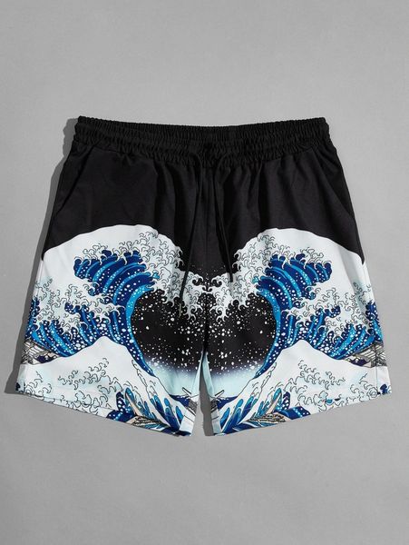 

men tidal wave tsunami print shorts k5dt#, Black