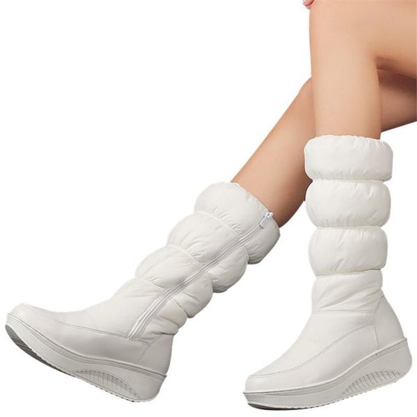 

boots 2021 plus size 35-44 fashion winter snow platform shoes footwear mid calf women solid color zipper white, Black