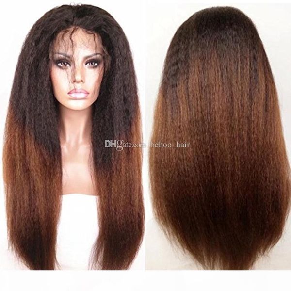 

kinky straight ombre color lace front human hair wigs remy brazilian human hair 150% density lace wig with baby hair, Black;brown