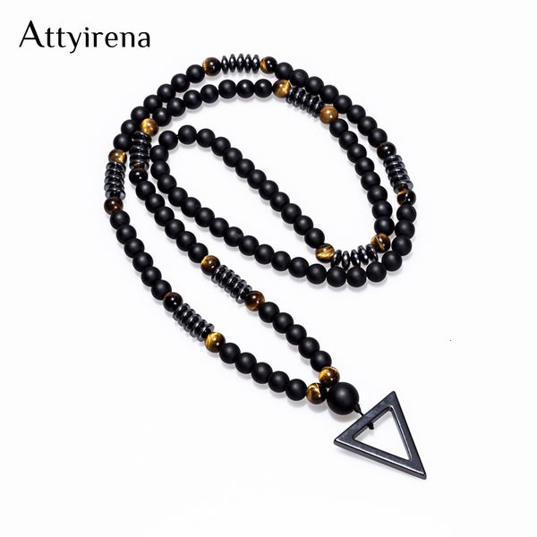 

new design long necklac 8mm tiger stone bead black men's hematite triangle pendants necklace fashion geometry jewelry, Silver