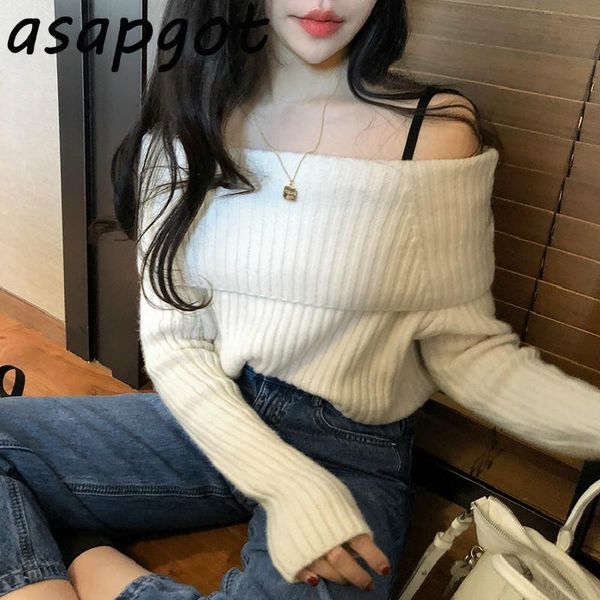 

women's sweaters asapgot fall chic vintage off the shoulder slash neck women fashion gentle elegant long sleeve knit pullovers, White;black