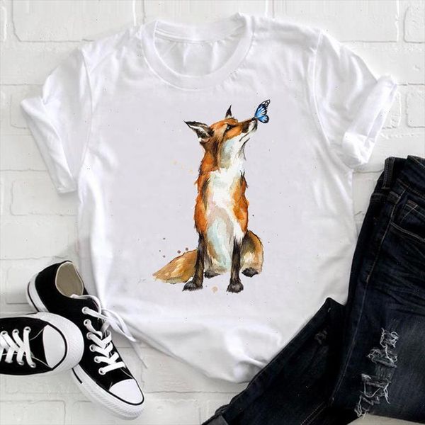 

women short sleeve korean style fox printing clothing trend animal clothes ladies graphic print tee tshirt female t shirt, White