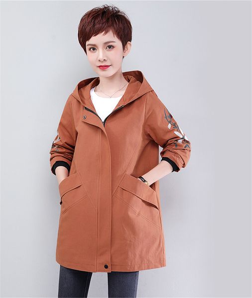 

2021 new spring autumn plus size 4xl with hood outerwear feminine trench coat new embroidered medium of long women's blouse sf009 9tsm, Tan;black