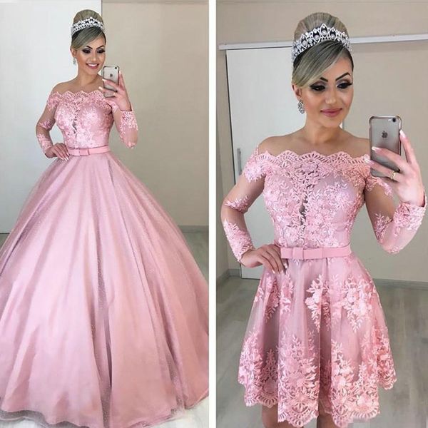 Venda quente Quinceanera Vestidos Sweet 16 Blush Rosa Puffy Prom Vestidos com Saias Destacáveis Illusion Lace Mangas Compridas Formal