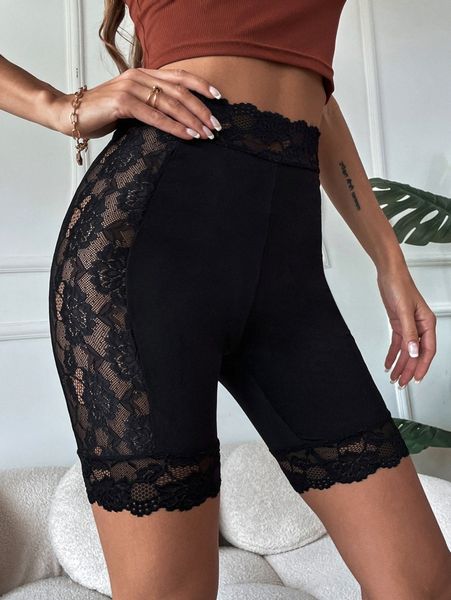 

contrast lace panel biker shorts u12x#, Black