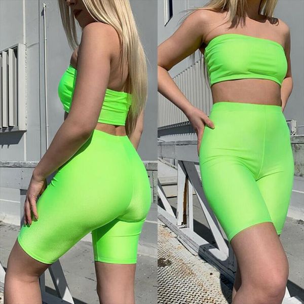 

women 2pcs gym wear set exercise sports crop shorts legging bodycon jumpsuit fashion clothes fluorescent green, Gray