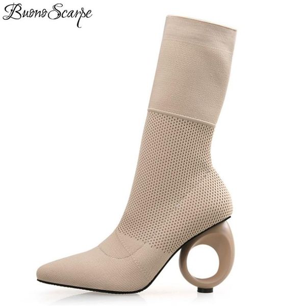 

buonoscarpe knitting autumn winter sock boots pointed toe strange fretwork heels boots stretch elastic mid-calf valentine botas, Black