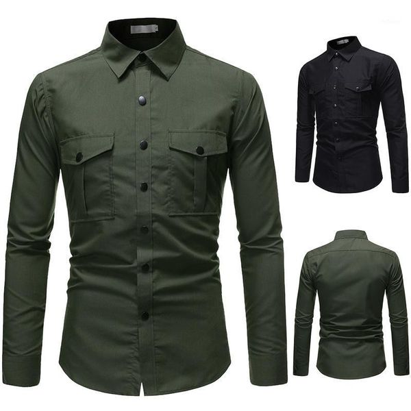 

brand casual shirts men 2020 fashion double pocket long sleeve vintage shirt men slim fit solid dress shirt luxury overalls1, White;black