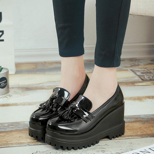 

xjrhxjr 2021 spring autumn high platform wedges pumps women tassel high heels casual shoes woman pu leather round toe shoes, Black