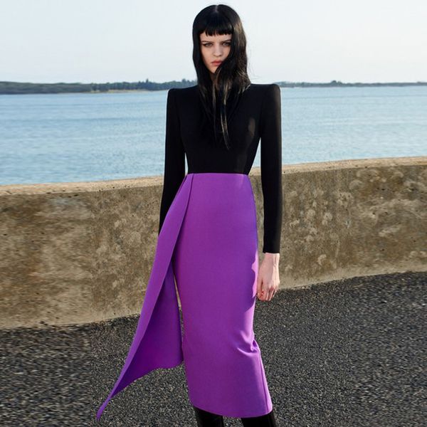 

2021 the new a taped in autumn long bandage new black and purple women dressed up party dress fxyn, Black;gray