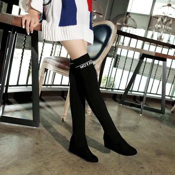 

плоская подошва большие колено высокие сапоги женские в повышения обувь носки высокие трубки тонкие ноги эластичные сапоги 40-43 41 42, Black