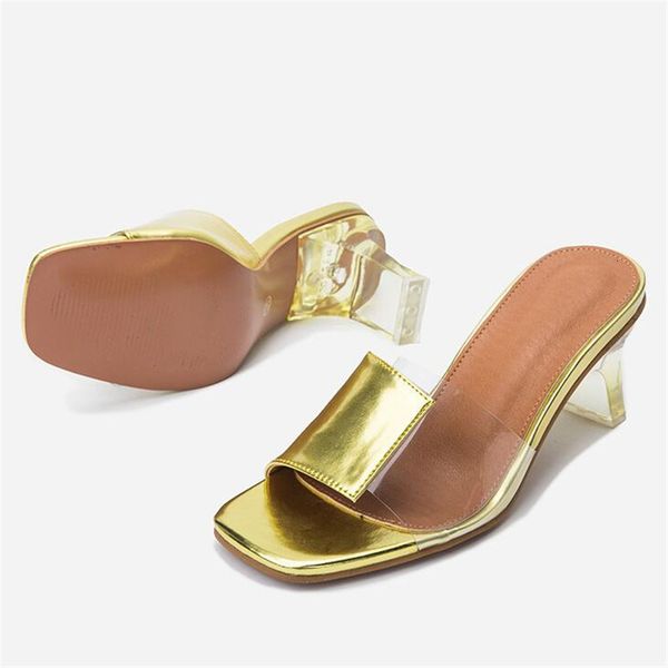 

2021 of course perspex crystal women's slippers will see fashion for transparent slivers peep toe mules seven-inch square high heels 91, Black