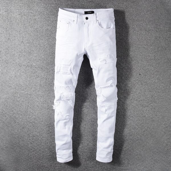 

2019 new high street fashion brand white jeans and jeans youth hole-breaking patch elastic slim fit pants 592 yrmux, Blue