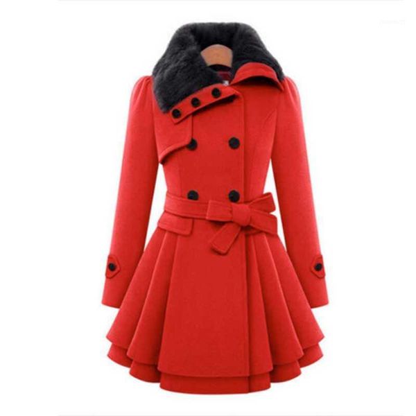 

womens new style vintage woolen coat double buckle slim trench coats lady fur collar peacoat plus size winter coat outwear f1881, Black