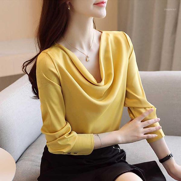 

elegant women satin chiffon shirt new autumn long-sleeved profession blouse solid office lady roupas feminina1, White