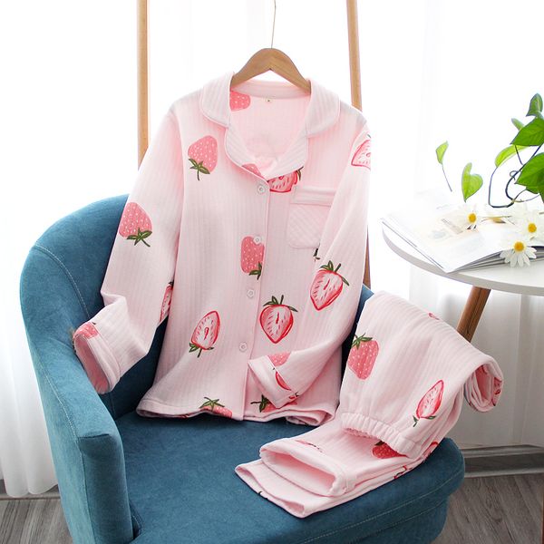 

wearing winter sets keep warm 100% scuba cotton long sleeve fresh strawberry women's pajamas pij7, Black;brown