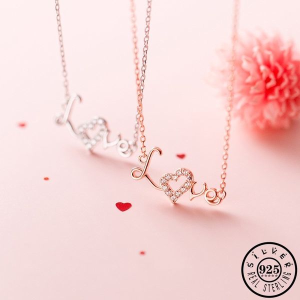 

925 sterling silver zircon heart shape necklace rose gold color plated chain letter love pendant necklaces jewelry for women q0531