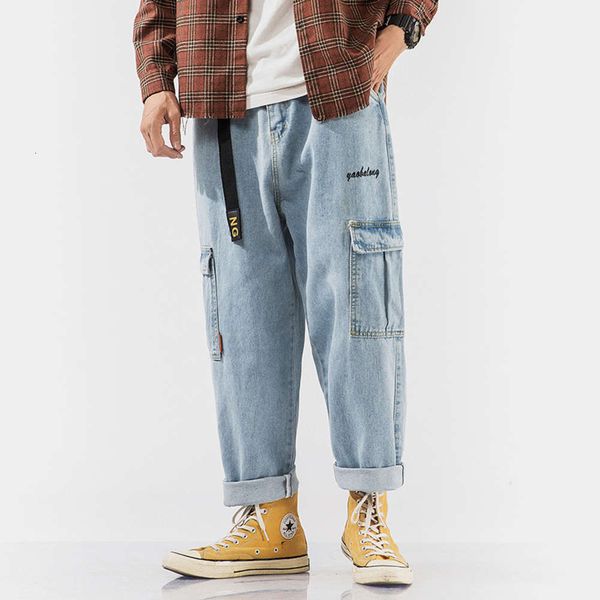 

new four seasons men's large size embroidered tooling jeans loose pocket youth long pants trend, Blue