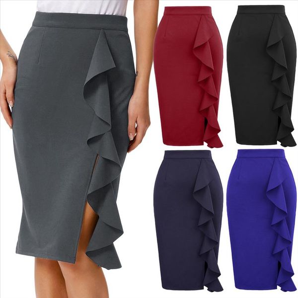 

business women skirts ladies women summer ruffle split front hips wrapped solid knee slim office pencil skirt, Black