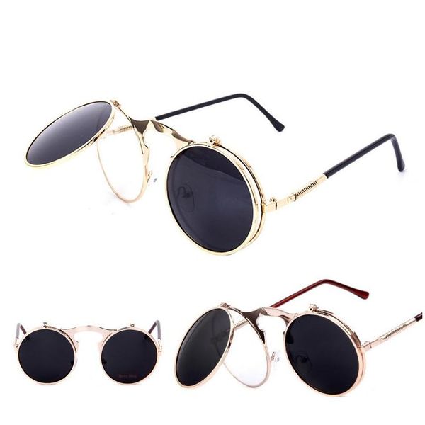 

luxury glasses vintage sunglasses round flip designer steam punk metal women coating sunglasses retro circle sun glasses