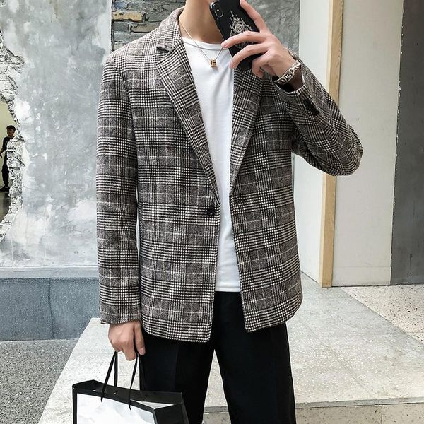 

mens wool trench coat plaid casual loose steetwear windbreaker 2020 autumn winter men jackets single button outwear, Tan;black