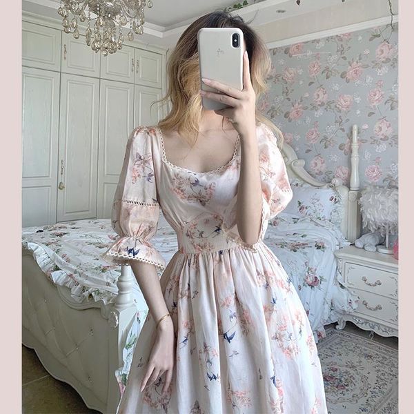 

vintage french style women dresses 2021 new half sleeve square colar dress retro floral print woman summer dress femme vestidos, Black;gray