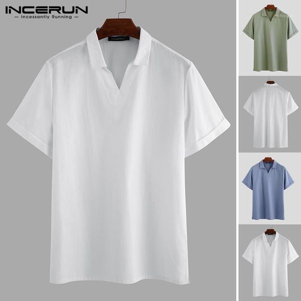 

incerun vintage men's shirt cotton lapel loose streetwear breathable solid camisas hombre 2020 short sleeve casual shirts s-5xl1, White;black