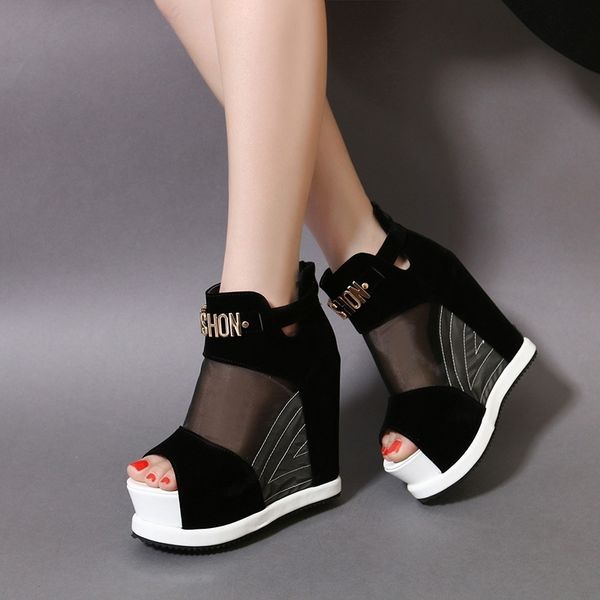 

new flock ankl boots shoes women summer hollow high slope with the fish mouth single shoes thick bottom wedges short boots y200723, Black