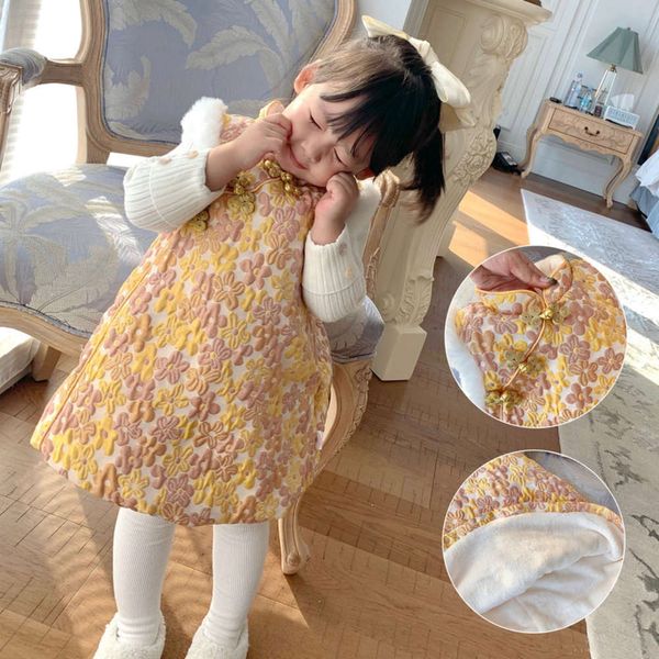 

girls' sle embossed cheongsam winter chine greetings tang clothing children's warm new year's wear hanfu svels drs, Red;yellow