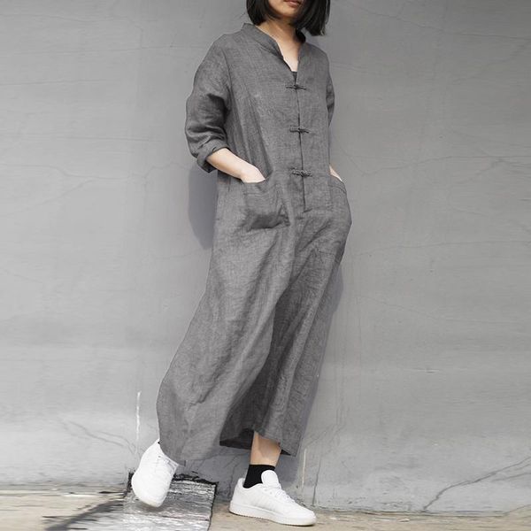 

fashion buttons pockets overalls tunic rompers zanzea women cotton casual loose jumpsuits solid long sleeve playsuits plus size, Black;white