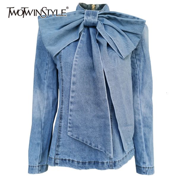

twotwinstyle patchwork bow denim women's jacket stand collar long sleeve vintage ruched jackets for female 2020 fashion clothing 1015, Black;brown