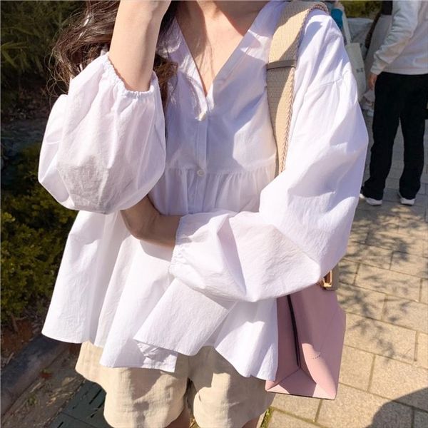 

women autumn blouses long sleeve janpan korean kawaii cute loose vestidos single breasted v neck elegant mujer casual femme, White