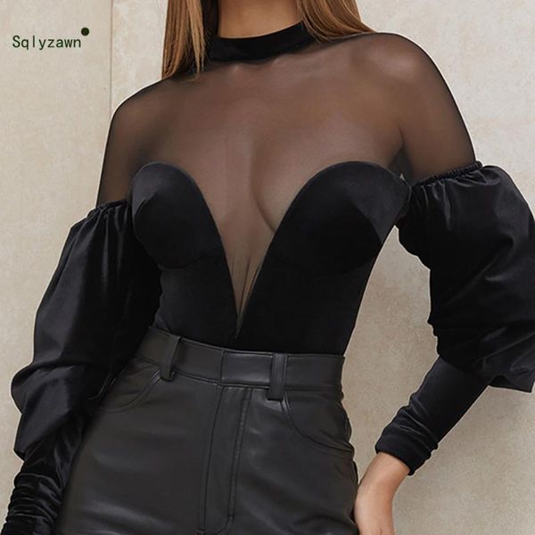 

women's pants & capris 2021 black party club bodysuit body for women mesh long sleeves autumn winter casual hollow out strap bodyc, Black;white