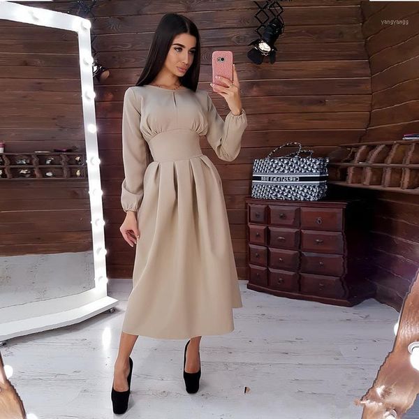 

women vintage solid a-line party mid length dress o neck long sleeve elegant dress 2020 autumn winter new fashion casual dresses1, Black;gray