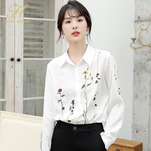 

h han queen floral print white turn-down collar women blouse shirts autumn female blouse workwear shirts 20201