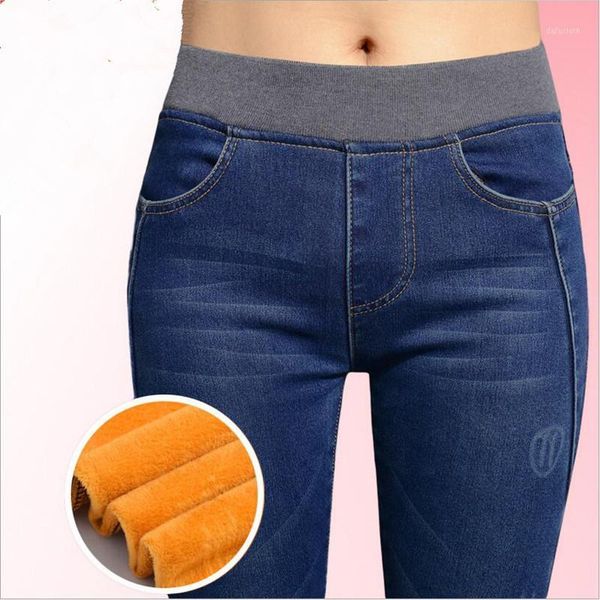

wholesale- donna winter women warm jeans black blue skinny stretch material fleece inside elastic waist ankle-length jean pants k1123s1