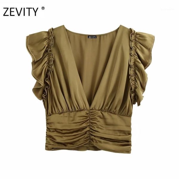 

zevity new women fashion v neck cascading ruffle short smock blouse female hem pleated casual slim shirt chic blusas ls70401, White