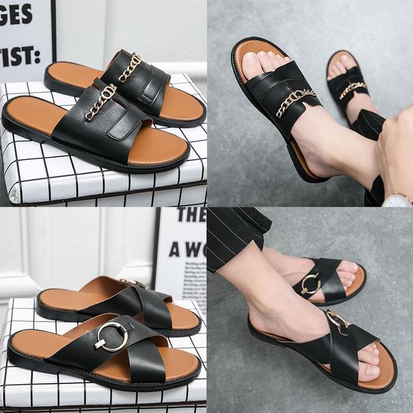 

luxury brand metal button designer slippers mayari florida arizona men flats sandals genuine leather slippers casual shoes beach flip flops, Black