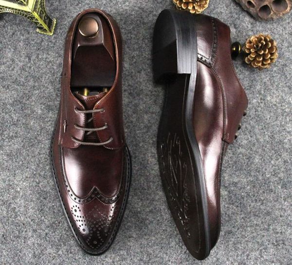 

carved brogue shoes men genuine leather pointed toes lace up breathable wedding dress shoes flats smart casual summer brogue, Black