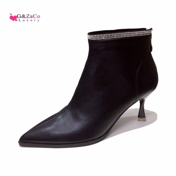 

boots black leather short rhinestone low heel women's winter heels pointed thin heeled high y6922-2