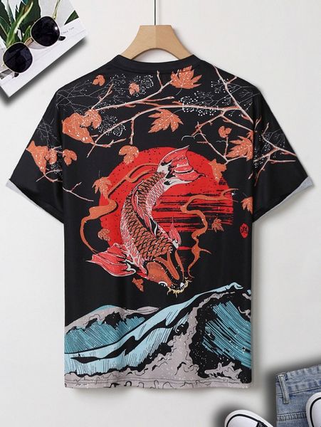 

men fish & letter graphic tee a834#, White;black