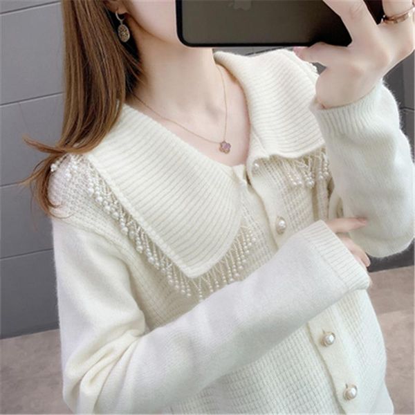 

элегантный перл бисероплетение кисточкой воротник вязаные пальто кардиган женщины моды корейский осень зима с длинным рукавом белый свитер, White