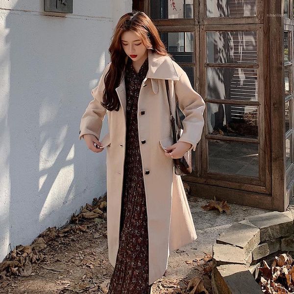 

women's wool & blends autumn 2021 style over knee hepburn women's solid color graceful medium length woolen coat1, Black