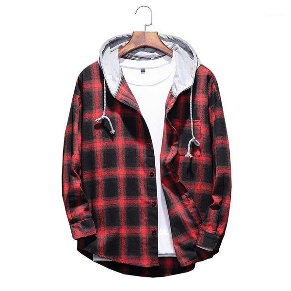 

2020 autumn men's slim fit men long sleeve hooded shirt men red plaid shirts male casual shirt 4xl 5xl1, White;black