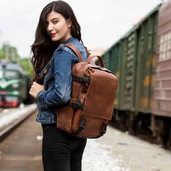 

original travel leather backpack women retro first layer leather backpack casual business 15.6" computer bag female school bag