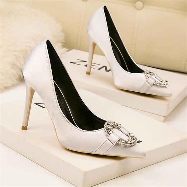 

2020 woman's high heel stiletto scarpins classic crystal satin pumps female silk silver wedding red bridal valentine black shoes