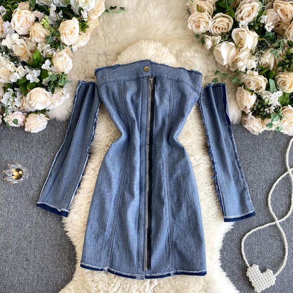 

jeans dress women strapless mini party dress new design removable long sleeve front zipper clubwear denim vestidos, Black;gray